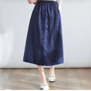 Garan Womens Elastic Waist Navy Skirt With Button Front Relaxed Fit Cotton Blend